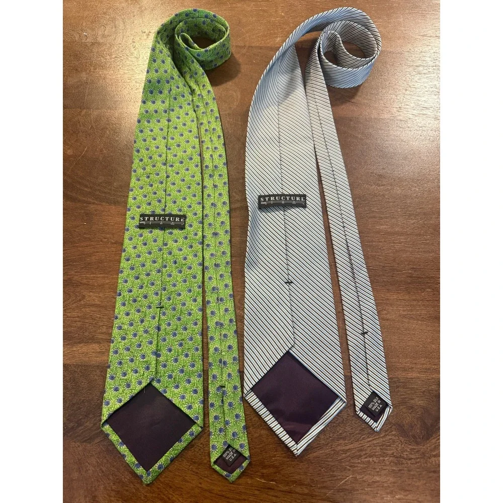 VTG Set of TWO Mens Structure Silk Ties Green Diagonal Stripe & Starburst Design